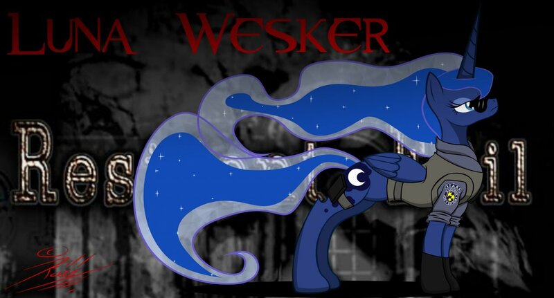 Size: 1280x689 | Tagged: safe, artist:killkatt, derpibooru import, princess luna, alicorn, pony, clothes, cutie mark, digital art, female, glasses, horn, mare, resident evil, solo, tail, wings