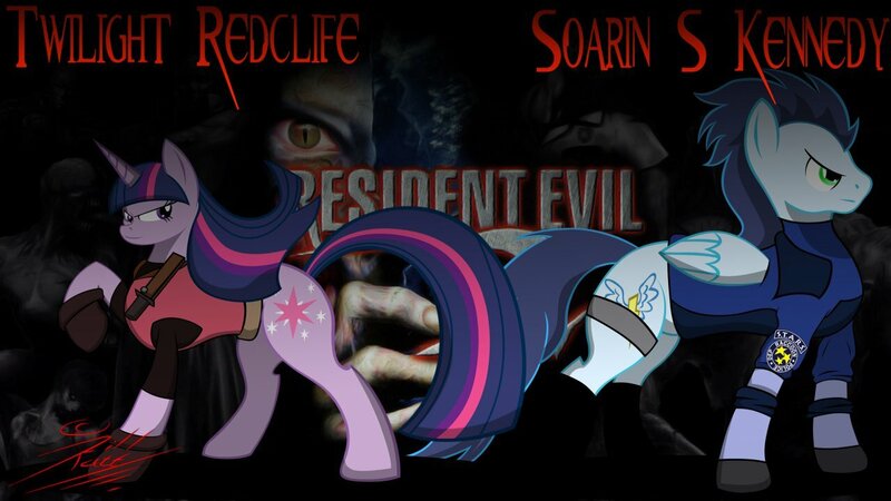 Size: 1280x720 | Tagged: safe, artist:killkatt, derpibooru import, soarin', twilight sparkle, pegasus, pony, unicorn, clothes, cutie mark, digital art, female, horn, male, mare, resident evil, stallion, tail, unicorn twilight, wings