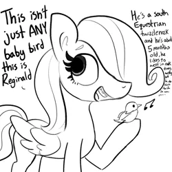 Size: 2250x2250 | Tagged: safe, artist:tjpones, derpibooru import, fluttershy, bird, pegasus, pony, comic:fillies, adorkable, braces, cute, dialogue, dork, female, filly, filly fluttershy, high res, monochrome, music notes, nerd, open mouth, shyabetes, simple background, that pony sure does love animals, white background, younger