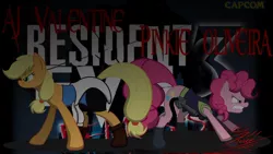 Size: 1024x577 | Tagged: safe, artist:killkatt, derpibooru import, applejack, pinkie pie, earth pony, pony, clothes, cutie mark, digital art, female, mare, resident evil, tail