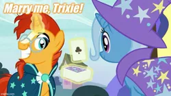 Size: 739x415 | Tagged: caption, card, derpibooru import, edit, edited screencap, female, grin, image macro, male, marriage proposal, safe, screencap, shipping, smiling, straight, sunburst, text, trixburst, trixie, uncommon bond