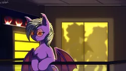 Size: 3830x2160 | Tagged: safe, artist:avery-valentine, derpibooru import, oc, oc:pinkfull night, unofficial characters only, bat pony, pony, bat pony oc, bat wings, building, female, glasses, glowing eyes, modern art, night, sad, solo, spread wings, teenager, wings