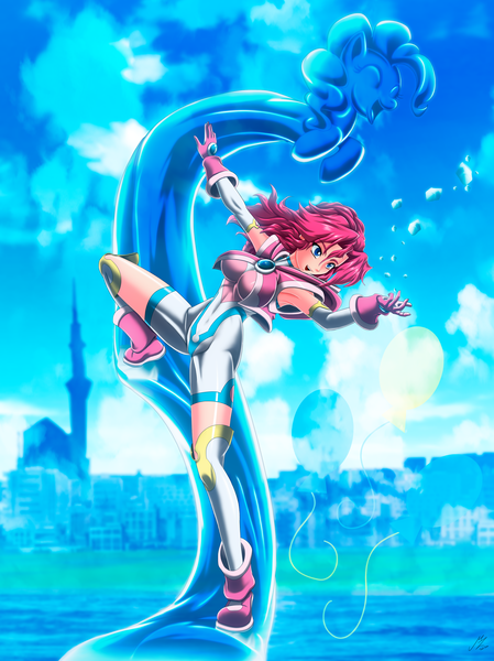 Size: 3101x4141 | Tagged: alternate hairstyle, anime, armpits, artist:mauroz, battle suit, belly button, breasts, busty pinkie pie, city, cloud, cutie mark, derpibooru import, human, humanized, hydrokinesis, ice, open mouth, pinkie pie, safe, sky, water