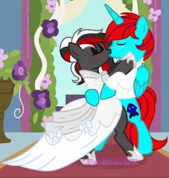 Size: 3496x3688 | Tagged: safe, derpibooru import, oc, oc:adrian the inkling, oc:scarlet spray, unofficial characters only, alicorn, earth pony, pegasus, pony, base used, bipedal, blushing, clothes, couple, dress, eyes closed, female, kissing, male, mare, marriage, married couple, oc x oc, shipping, stallion, straight, wedding, wedding dress, youtuber