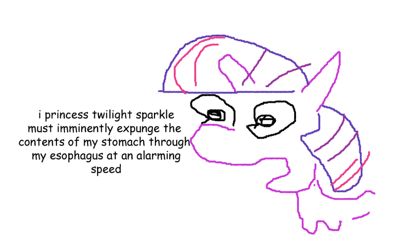 Size: 836x528 | Tagged: safe, artist:replica, derpibooru import, twilight sparkle, twilight sparkle (alicorn), alicorn, pony, 1000 hours in ms paint, female, implied vomit, increasingly verbose memes, mare, meme, sesquipedalian loquaciousness, simple background, solo, stylistic suck, text, verbose meme, white background