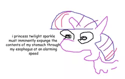 Size: 836x528 | Tagged: safe, artist:replica, derpibooru import, twilight sparkle, twilight sparkle (alicorn), alicorn, pony, 1000 hours in ms paint, female, implied vomit, increasingly verbose memes, mare, meme, sesquipedalian loquaciousness, simple background, solo, stylistic suck, text, verbose meme, white background