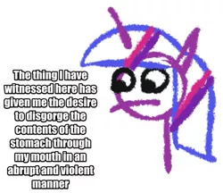 Size: 601x520 | Tagged: safe, artist:jargon scott, derpibooru import, twilight sparkle, twilight sparkle (alicorn), alicorn, pony, 1000 hours in ms paint, bust, female, implied vomit, increasingly verbose memes, mare, meme, sesquipedalian loquaciousness, simple background, solo, stick figure, stylistic suck, text, verbose meme, white background