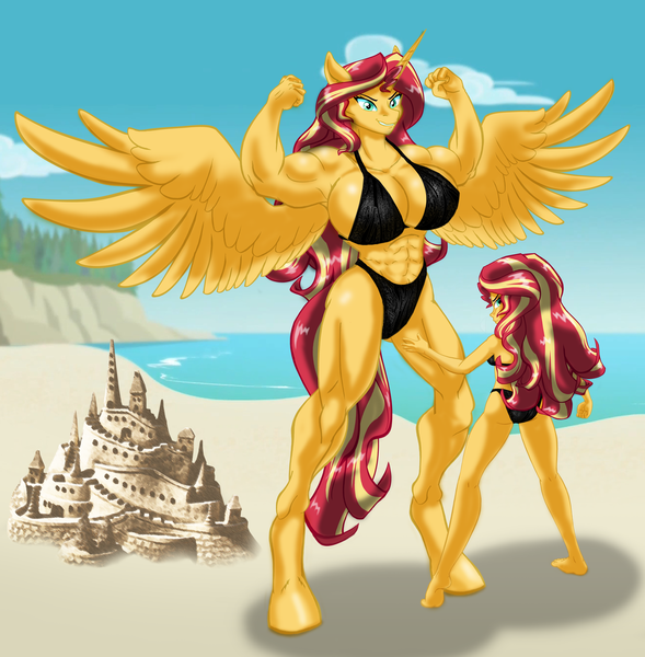 Size: 2835x2888 | Tagged: suggestive, artist:ponymaan, derpibooru import, sunset shimmer, alicorn, anthro, unguligrade anthro, equestria girls, abs, alicornified, armpits, beach, big breasts, breasts, busty sunset shimmer, commission, female, fetish, flexing, huge breasts, human anthrodox, muscle fetish, muscles, muscular female, race swap, sandcastle, self ponidox, size difference, sunset lifter, vanguard