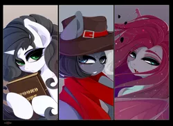 Size: 6039x4400 | Tagged: safe, artist:xsatanielx, derpibooru import, oc, oc:bounty blunter, oc:enya lunar eclipse, oc:reinina hazard, unofficial characters only, bat pony, earth pony, pony, unicorn, bat pony oc, bat wings, book, female, hat, rcf community, shiny, wings