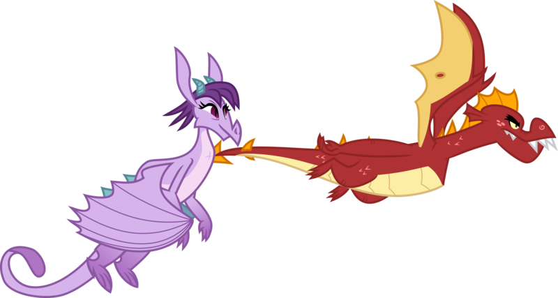 Size: 7500x4000 | Tagged: absurd resolution, alternate version, artist:melisareb, between dark and dawn, derpibooru import, dragon, duo, female, flying, garbinence, garble, inkscape, male, prominence, safe, shipping, simple background, straight, .svg available, transparent background, vector