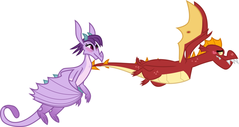 Size: 7500x4000 | Tagged: absurd resolution, alternate version, artist:melisareb, between dark and dawn, blushing, derpibooru import, dragon, duo, female, flying, garbinence, garble, inkscape, looking at you, male, prominence, safe, shipping, simple background, straight, .svg available, transparent background, vector