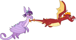 Size: 7500x4000 | Tagged: absurd resolution, alternate version, artist:melisareb, between dark and dawn, blushing, derpibooru import, dragon, duo, female, flying, garbinence, garble, inkscape, looking at you, male, prominence, safe, shipping, simple background, straight, .svg available, transparent background, vector