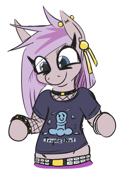 Size: 500x720 | Tagged: questionable, artist:jargon scott, derpibooru import, oc, oc:nada phase, earth pony, pony, semi-anthro, belt, clothes, ear piercing, earring, fishnets, goth, human shoulders, jewelry, piercing, shirt, smiling, solo, t-shirt