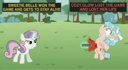 Size: 7500x4125 | Tagged: grimdark, artist:darkyboode32, derpibooru import, cozy glow, sweetie belle, pegasus, pony, unicorn, abuse, angry, bleeding, blood, bush, cozybuse, dead, death, defeated, duel, duo, duo female, execution, female, field, fight, filly, game, grass, grass field, knife, magic, message, murder, op has issues, punish the villain, stabbed, stabbing, telekinesis, text, tree, victory