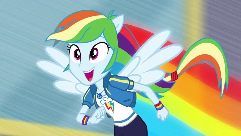 Size: 1280x720 | Tagged: safe, deleted from derpibooru, derpibooru import, screencap, rainbow dash, equestria girls, equestria girls series, run to break free, spoiler:eqg series (season 2), beautiful, clothes, cute, dashabetes, female, geode of super speed, happy, hoodie, magical geodes, open mouth, ponied up, rainbow trail, singing, solo, wings, wristband