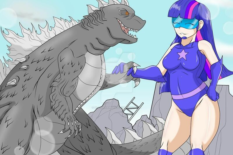 Size: 1280x854 | Tagged: artist:slasheramaya, clothes, derpibooru import, godzilla, godzilla (series), handshake, human, humanized, kaiju, leotard, magic gaia, safe, superhero, twilight sparkle