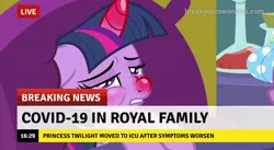 Size: 718x394 | Tagged: safe, derpibooru import, edit, edited screencap, screencap, twilight sparkle, twilight sparkle (alicorn), alicorn, pony, ail-icorn, spoiler:interseason shorts, bed, boris johnson, break your own news, breaking news, coronavirus, covid-19, horn, pillow, red nosed, sick, sicklight sparkle, solo, swollen horn, too soon, we are going to hell