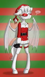 Size: 819x1396 | Tagged: safe, artist:ravenpuff, deleted from derpibooru, derpibooru import, oc, oc:prof. sanguinem, anthro, bat pony, unguligrade anthro, ..., abstract background, bat pony oc, bat wings, christmas, clothes, costume, elderly, gloves, goggles, hat, holiday, latex, latex gloves, male, santa costume, santa hat, sexy, sexy santa costume, solo, wings