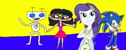 Size: 2346x936 | Tagged: safe, artist:sonicsuperstar1991, artist:user15432, derpibooru import, rarity, oc, oc:aaliyah, human, robot, dance magic, equestria girls, spoiler:eqg specials, 1000 hours in ms paint, aaliyah, b.e.n, crossover, crossover shipping, dancing, derp face, female, jewelry, male, microphone, necklace, rarisonic, shipping, sonic the hedgehog, sonic the hedgehog (series), straight