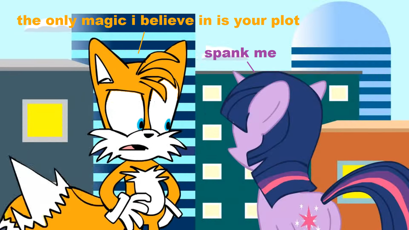 Size: 1920x1080 | Tagged: suggestive, artist:animatedjames, derpibooru import, edit, twilight sparkle, fox, pony, unicorn, butt, female, implied spanking, male, mare, miles "tails" prower, plot, sonic the hedgehog (series)