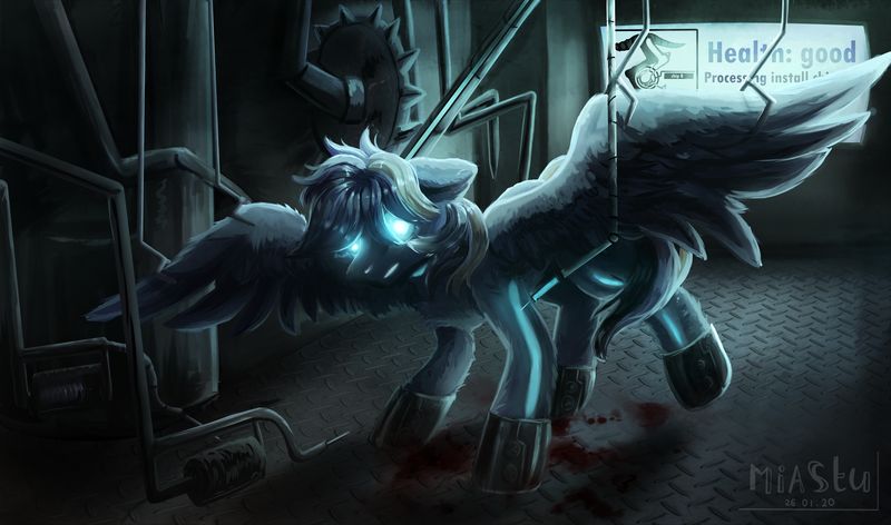 Size: 7450x4400 | Tagged: safe, artist:miastu, derpibooru import, oc, oc:stail, unofficial characters only, cyber pony, cyborg, original species, pegasus, pony, cabin, complex background, cyberpunk, eye, eyes, factory, glowing eyes, hooves, improvement, interface, male, needles, neon, new look, pipes, remake, roboticization, saw, scalpel, solo, stallion, terminal, upgrade