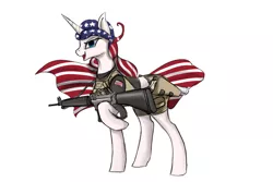 Size: 1500x1000 | Tagged: safe, artist:andromailus, derpibooru import, oc, ponified, unofficial characters only, pony, unicorn, american flag, assault rifle, clothes, gun, m16a1, nation ponies, raised hoof, rifle, shorts, simple background, solo, united states, weapon, white background