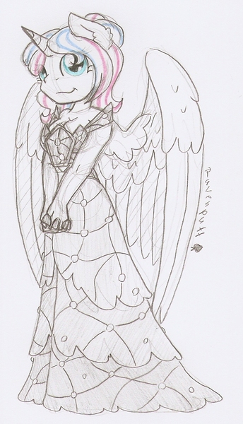 Size: 739x1289 | Tagged: alicorn, anthro, artist:ravenpuff, clothes, derpibooru import, dress, female, mare, oc, oc:exquisite star, princess dress, safe, solo, traditional art