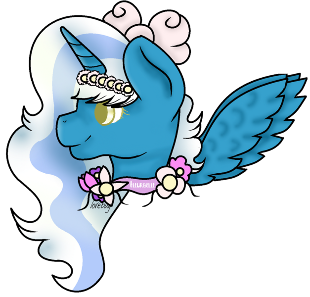 Size: 914x875 | Tagged: alicorn, alicorn oc, artist:lovebug28724, bow, derpibooru import, female, flower, flower in hair, hair bow, horn, mare, oc, oc:fleurbelle, safe, simple background, smiling, transparent background, wings, yellow eyes