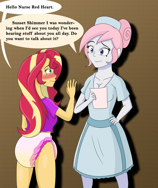 Size: 4500x5347 | Tagged: suggestive, artist:diaperednight, derpibooru import, nurse redheart, sunset shimmer, comic:sunset's 12 labours, equestria girls, blushing, breasts, clothes, diaper, diaper fetish, fetish, story included, urine, wet diaper