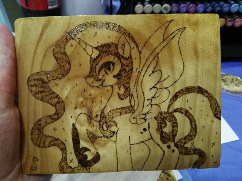 Size: 1280x960 | Tagged: safe, artist:dawn-designs-art, artist:sapphire-burns-art, derpibooru import, nightmare moon, alicorn, pony, photo, pyrography, solo, traditional art, wood