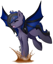 Size: 1123x1344 | Tagged: safe, artist:noxi1_48, derpibooru import, oc, oc:kuro, unofficial characters only, alicorn, bat pony, pony, alicorn oc, bat pony oc, bat wings, broken horn, happy, horn, jumping, mud, simple background, solo, transparent background, wings