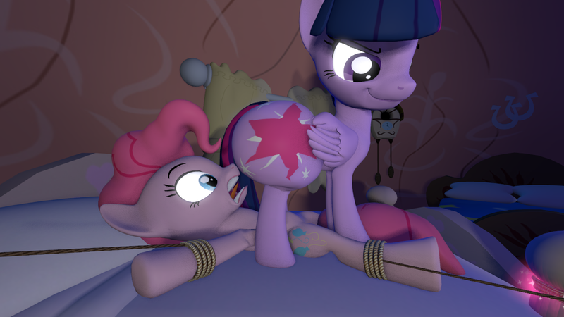 Size: 1280x720 | Tagged: suggestive, artist:mrm, derpibooru import, pinkie pie, twilight sparkle, twilight sparkle (alicorn), alicorn, earth pony, pony, 3d, bondage, butt, dominant, domination, female, femdom, femsub, golden oaks library, huge butt, imminent facesitting, large butt, magic, mare, pinkiesub, rope, rope bondage, screaming, smiling, smirk, source filmmaker, starkle, submissive, telekinesis, the ass was fat, thicc ass, twibutt, twidom, twilight has a big ass, tying