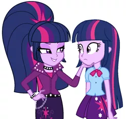 Size: 900x852 | Tagged: safe, artist:sarahalen, derpibooru import, twilight sparkle, equestria girls, rainbow rocks, alternate hairstyle, alternate universe, belt, bowtie, bracelet, chains, choker, clothes, female, grin, jacket, leather jacket, self paradox, simple background, skirt, smiling, spiked choker, spiked wristband, white background, wristband