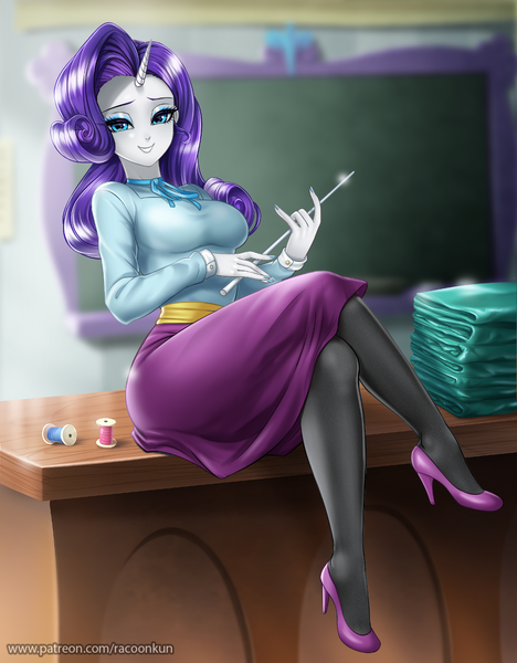 Size: 1000x1281 | Tagged: safe, alternate version, artist:racoonsan, color edit, derpibooru import, edit, editor:drakeyc, rarity, equestria girls, school daze, anime, beautiful, blurred background, breasts, chalkboard, classroom, cloth, clothes, colored, crossed legs, cummerbund, desk, equestria girls-ified, eyelashes, eyeshadow, female, horn, hot for teacher, indoors, legs, looking at you, makeup, nail polish, necktie, pantyhose, pointer, raritights, sash, school of friendship, schoolmarm rarity, sexy, shirt, shoes, sitting, skin color edit, skirt, smiling, socks, solo, spool, stupid sexy rarity, teacher, tight clothing