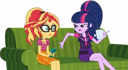 Size: 1202x665 | Tagged: safe, artist:sarahalen, derpibooru import, sci-twi, sunset shimmer, twilight sparkle, equestria girls, equestria girls series, text support, alternate hairstyle, alternate universe, belt, bowtie, clothes, coffee mug, couch, cutie mark, cutie mark on clothes, duo, female, glasses, jacket, legs, lidded eyes, mug, ponytail, role reversal, shirt, sitting, skirt, talking, text support: sunset shimmer