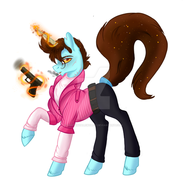 Size: 1920x1920 | Tagged: safe, artist:nightingalewolfie, derpibooru import, oc, oc:minty hooves, pony, unicorn, clothes, deviantart watermark, gun, handgun, magic, male, obtrusive watermark, pistol, simple background, solo, stallion, transparent background, watermark, weapon