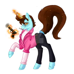 Size: 1920x1920 | Tagged: safe, artist:nightingalewolfie, derpibooru import, oc, oc:minty hooves, pony, unicorn, clothes, deviantart watermark, gun, handgun, magic, male, obtrusive watermark, pistol, simple background, solo, stallion, transparent background, watermark, weapon