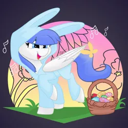 Size: 1280x1281 | Tagged: safe, artist:cadetredshirt, derpibooru import, oc, oc:snow pup, unofficial characters only, butterfly, pegasus, pony, animal costume, basket, blue eyes, blue hair, blue mane, blue tail, bunny costume, bunny ears, clothes, commission, costume, digital art, easter, easter basket, easter egg, egg, holiday, music notes, simple background, singing, smiling, solo, sunset, walking, white coat, wings, wings down, ych result, your character here
