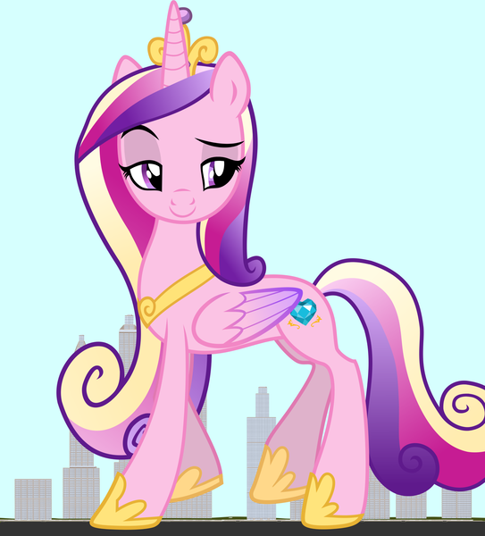 Size: 3583x3956 | Tagged: safe, artist:jerryakiraclassics19, artist:oceanrailroader, artist:rustle-rose, derpibooru import, princess cadance, alicorn, pony, beautiful, building, city, colored wings, crown, female, folded wings, giant pony, giantess, hoof shoes, jewelry, lidded eyes, macro, mare, mega giant, multicolored hair, multicolored tail, multicolored wings, raised eyebrow, raised hoof, regalia, smiling, smirk, solo, walking, wings