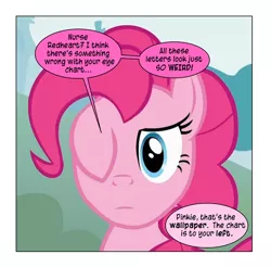 Size: 632x623 | Tagged: artist:dziadek1990, comic, conversation, cropped, derpibooru import, dialogue, edit, edited screencap, feeling pinkie keen, implied nurse redheart, offscreen character, pinkie pie, safe, screencap, screencap comic, slice of life, solo, text