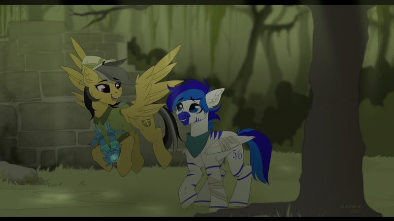 Size: 1920x1080 | Tagged: safe, artist:sinner_png, derpibooru import, daring do, oc, oc:fifty percent, hybrid, original species, pegasus, pony, zebra, zony, bandage, bandana, forest, jungle, sapphire statue, smiling, treasure, zony oc