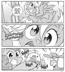 Size: 1850x2050 | Tagged: safe, derpibooru import, seven seas, cranky doodle donkey, derpy hooves, pinkie pie, pegasus, pony, a friend in deed, my little pony: the manga, my little pony: the manga volume 2, spoiler:manga, spoiler:manga2, cropped, female, male, mare, micro, monochrome