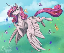 Size: 1200x1000 | Tagged: safe, artist:sunny way, derpibooru import, princess cadance, oc, oc:bleeding heart, unofficial characters only, alicorn, butterfly, fly, insect, pony, beautiful, cloud, cloudy, cute, cutedance, feather, flying, grass, horn, nightmare cadance, nightmarified, sly, smiley face, smiling, solo, spring, wings