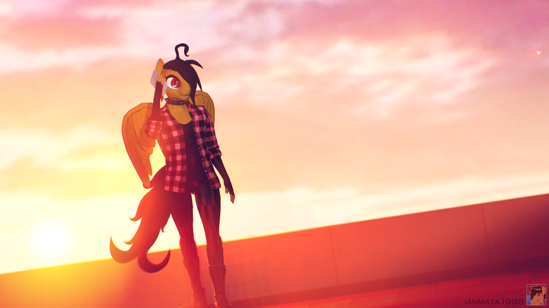 Size: 7680x4320 | Tagged: safe, artist:ianmata1998, derpibooru import, oc, oc:rito, anthro, pegasus, pony, 3d, 8k, automata, beautiful, call, calling, femboy, girly, male, phone, solo, source filmmaker, sunset