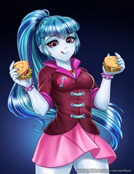 Size: 800x1042 | Tagged: safe, artist:racoonsan, color edit, derpibooru import, edit, editor:drakeyc, sonata dusk, equestria girls, bracelet, breasts, clothes, colored, female, food, jewelry, nail polish, ponytail, skin color edit, skirt, smiling, solo, sonataco, spiked wristband, taco, that girl sure loves tacos, tongue out, wristband