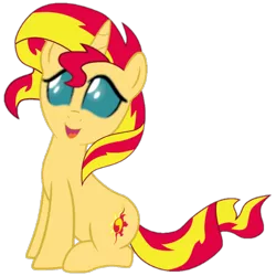 Size: 720x720 | Tagged: safe, derpibooru import, edit, vector edit, ocellus, sunset shimmer, changeling, pony, unicorn, changeling eyes, changeling eyes edit, cursed image, multicolored hair, simple background, sitting, smiling, solo, transparent background, vector, wat, what has science done