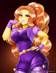 Size: 800x1042 | Tagged: safe, artist:racoonsan, color edit, derpibooru import, edit, editor:drakeyc, adagio dazzle, equestria girls, breasts, busty adagio dazzle, cleavage, clothes, colored, confident, curvy, female, fingerless gloves, gem, gloves, hand on hip, hips, hourglass figure, jewelry, looking at you, looking down, necklace, raised eyebrow, sexy, siren gem, skin color edit, smiling, smug, solo, stupid sexy adagio dazzle