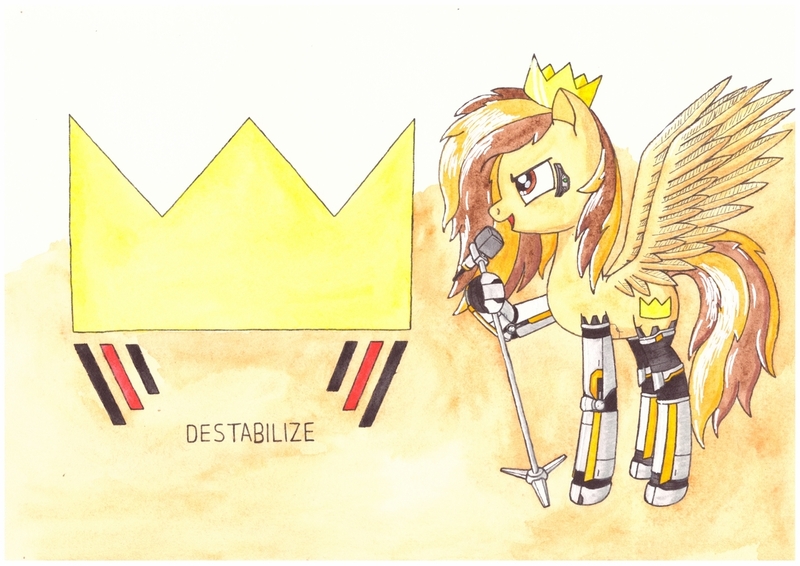 Size: 1280x906 | Tagged: safe, artist:zocidem, derpibooru import, oc, oc:prince whateverer, cyborg, pegasus, pony, augmented, crown, drawing, jewelry, microphone, regalia, solo, technology, traditional art