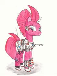 Size: 1280x1720 | Tagged: safe, artist:zocidem, derpibooru import, tempest shadow, cyborg, pony, unicorn, armor, augmented, drawing, scar, solo, technology, traditional art, visor, weapon