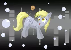 Size: 700x494 | Tagged: safe, artist:moonsango, deleted from derpibooru, derpibooru import, derpy hooves, pegasus, pony, bubble, cute, derpabetes, female, food, mare, muffin, open mouth, solo, that pony sure does love muffins